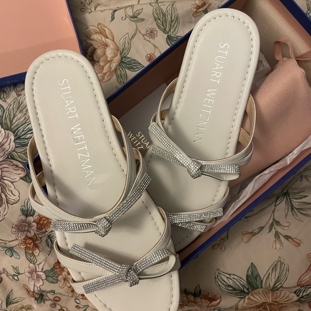 Stuart Weitzman White Crystal Bow Slide Sandals